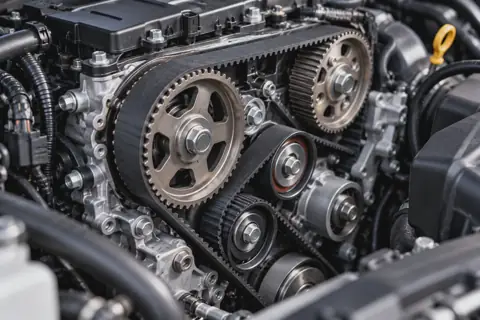 Motorun triger kayışı, egzantrik dişlileri ve gergi rulmanları yakın plan