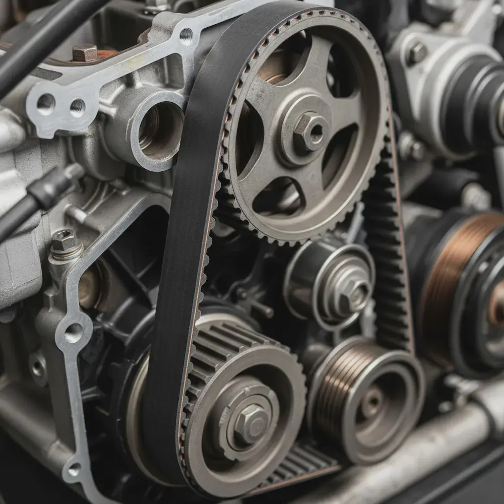 Motor üzerindeki triger kayışı, egzantrik dişlisi ve gergi rulmanları yakın plan